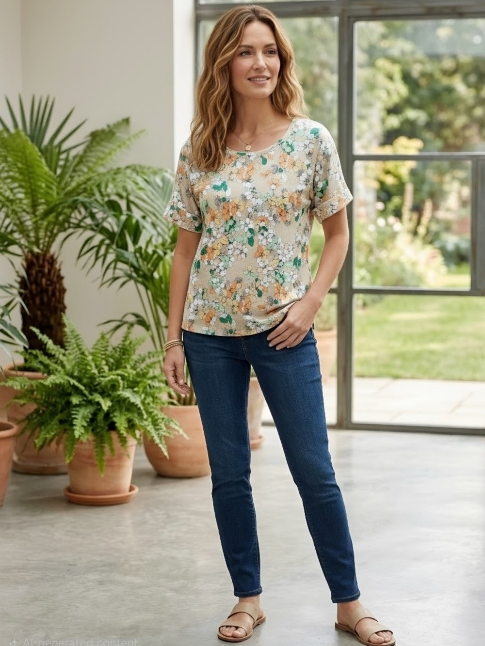 Liz Claiborne Floral Short Sleeve Tee in Beige, Orange & Green - Picture 9 of 9